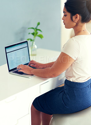 Buy stock photo Woman, laptop and typing in home office for proposal, planning and yoga ball for posture. Female person, profile and professional for project management, online and web for research or copywriting