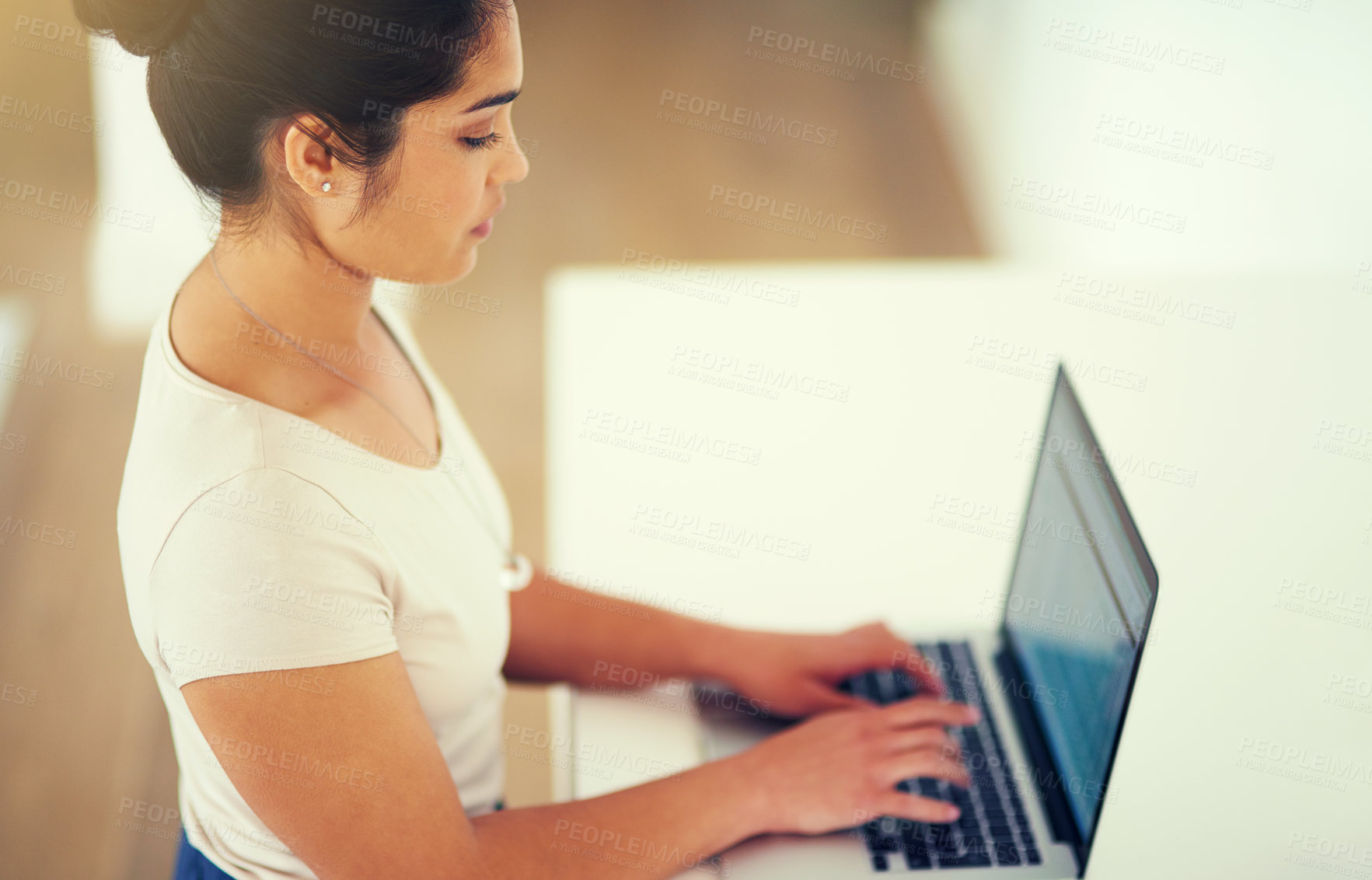 Buy stock photo Woman, laptop and research in office for proposal, planning and employee at desk for digital report. Female person, networking and professional for project management, online and website for ideas