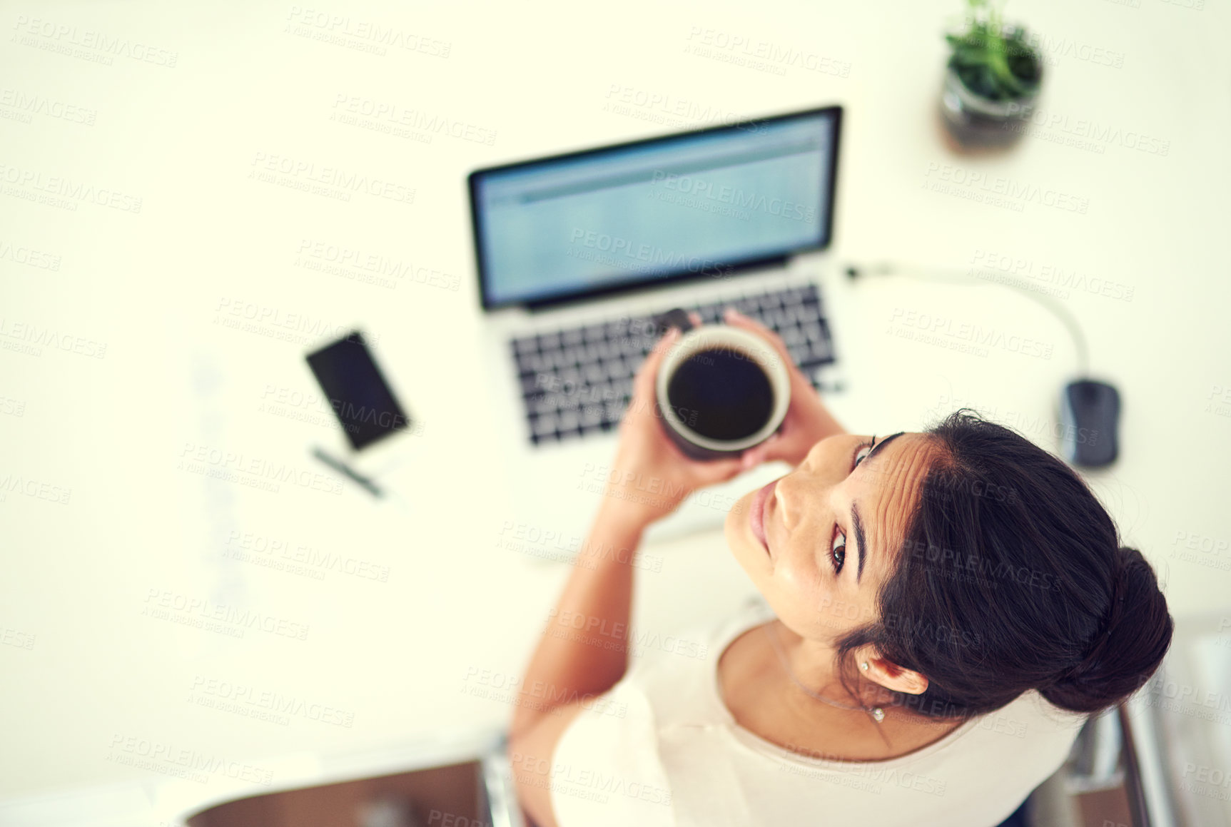 Buy stock photo Woman, laptop and above in office portrait for proposal, planning and employee at desk for report. Female person, top view and drinking coffee for project management, online and website for research