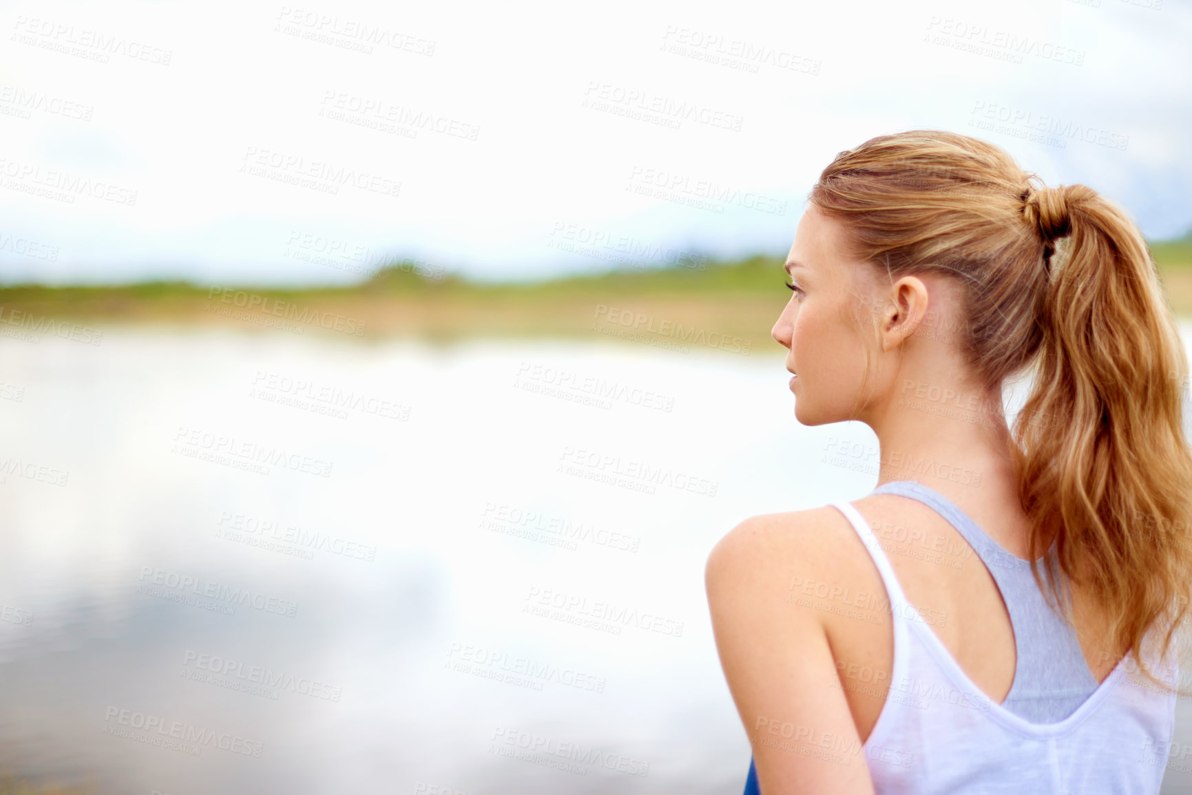 Buy stock photo Memory, thinking and back of woman by lake for inner peace, aura cleanse and connection to nature. Zen, person and relax with reflection by water for mental health, mindfulness and holistic healing