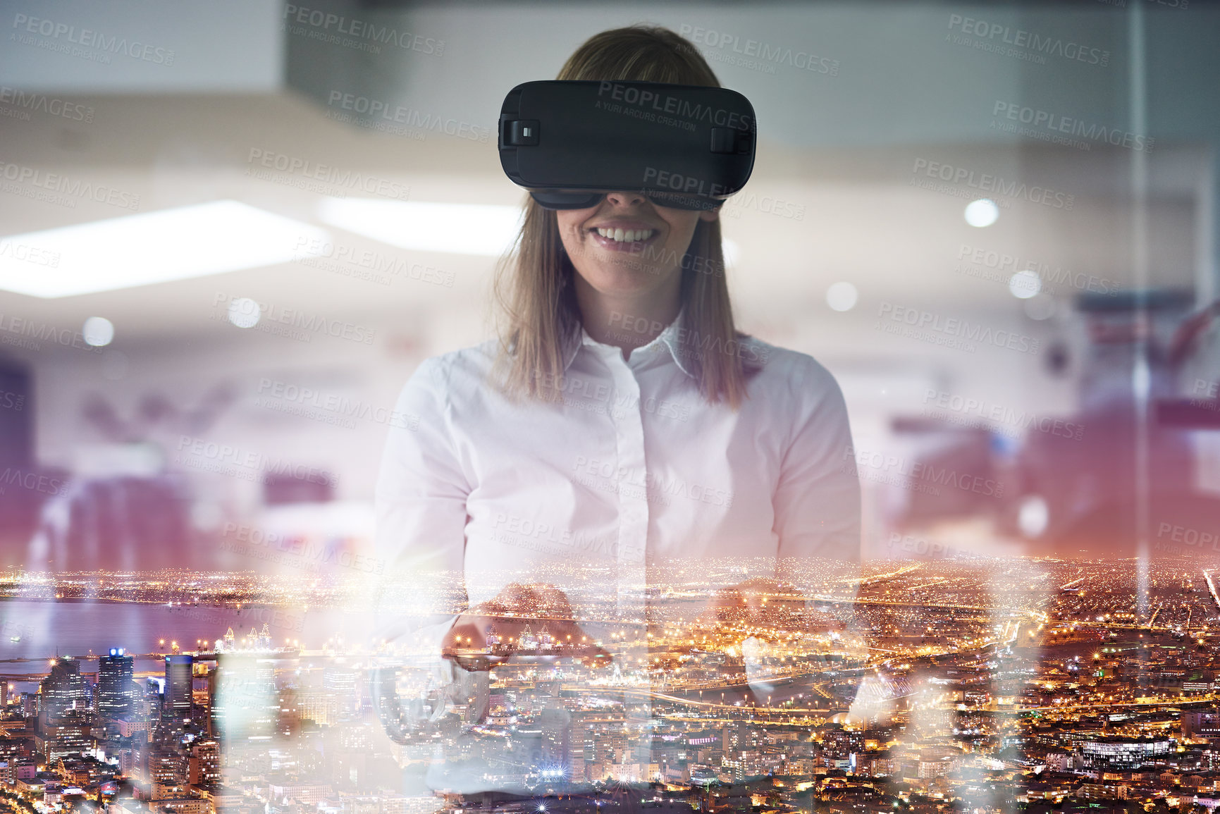 Buy stock photo Woman, VR and glasses with city overlay, futuristic and digital streaming. Smile, technology and virtual planning for building with female person, cyber and internet for property development