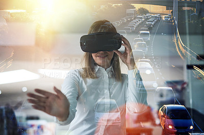 Buy stock photo Business people, VR and road overlay, futuristic and digital streaming. Hand, technology and virtual planning for build with female person, cyber and internet for property development or travel route