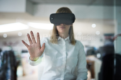 Buy stock photo Businesswoman, VR and hand for planning and metaverse, internet or digital streaming. Technology, virtual or user interface with glasses, software or internet for online data review for female person