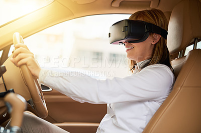 Buy stock photo VR, car and drive for woman in care, glasses and metaverse for futuristic transport. Technology, virtual or digital streaming for simulation in vehicle, augmented reality experience and female person