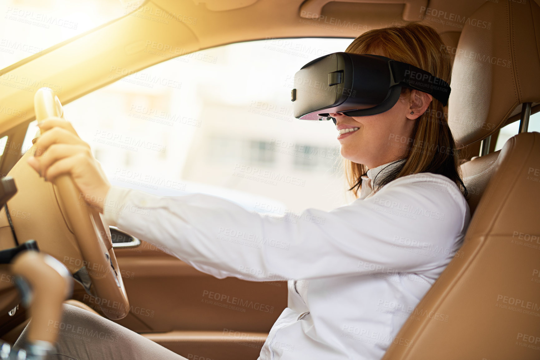 Buy stock photo VR, car and drive for woman in care, glasses and metaverse for futuristic transport. Technology, virtual or digital streaming for simulation in vehicle, augmented reality experience and female person