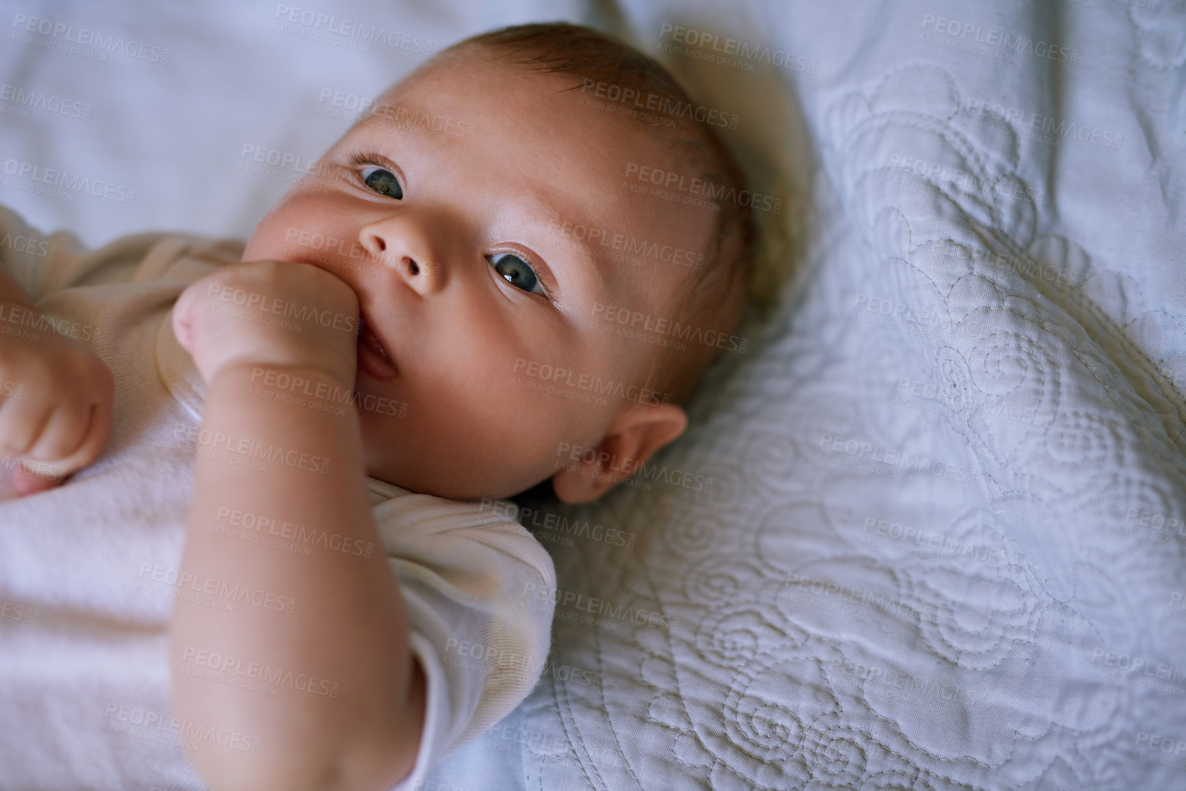 Buy stock photo Baby, portrait and child on bed with relax for wellness, growth development or comfortable in bedroom. Top view, newborn and infant boy in nursery for curiosity, nap time or morning routine in home