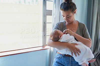 Buy stock photo Mom, baby and holding for bonding in home for support, love and care for growth and child development. Parent, kid and trust in bedroom with playing for bonding, childhood memories and toddler