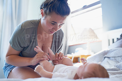 Buy stock photo Stress, worry and mother with baby in bedroom for bonding, sad and postpartum depression. Child development, anxiety and fear with woman and newborn at home for overwhelmed and tired family care