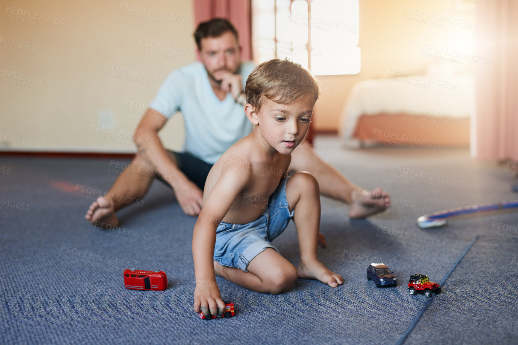 Buy stock photo Home, floor and father with child with toys, cars and playful for bonding together in weekend. House, dad and boy with entertainment, fantasy and development with games, childhood and single parent