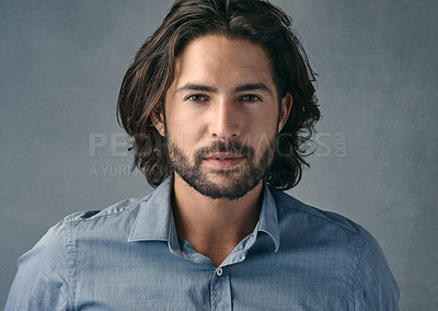 Buy stock photo Portrait, confident and business man with long hair, beard on gray studio background. Face, businessman and model with professional focus of entrepreneur, manager or casual corporate worker 