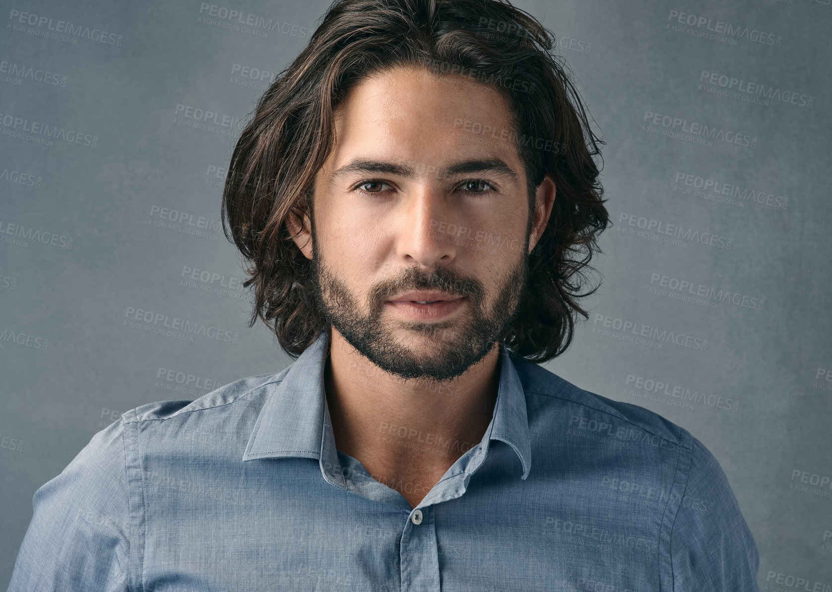 Buy stock photo Portrait, confident and business man with long hair, beard on gray studio background. Face, businessman and model with professional focus of entrepreneur, manager or casual corporate worker 