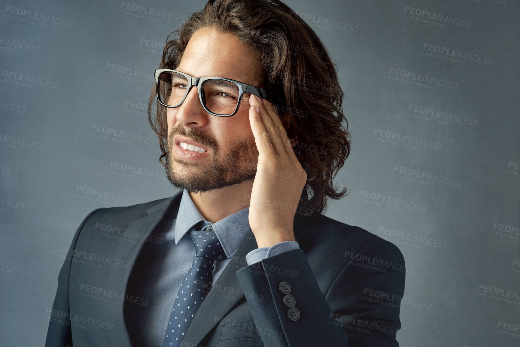 Buy stock photo Business, man and headache with glasses in studio for digital eye strain, professional stress and workplace discomfort. Male employee, gray background and migraine for working late and burnout.