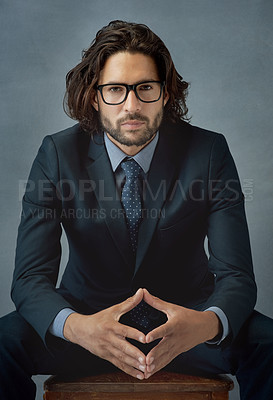 Buy stock photo Fashion, glasses and portrait with business man in studio on gray wall background for professional career. Corporate, style and suit with formal employee in work outfit for class, elegance or power