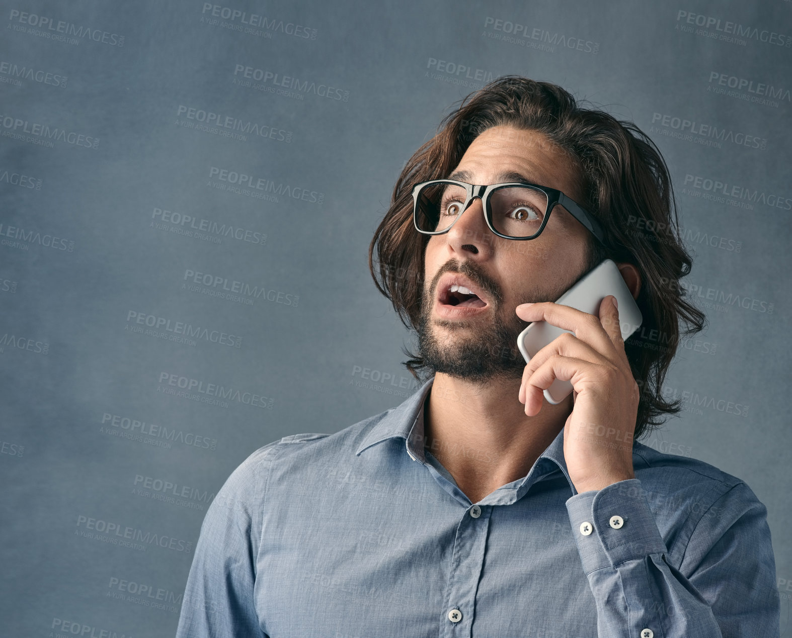 Buy stock photo News, phone call and surprise with business man in studio on gray background for communication or gossip. Networking, shock and wow with professional employee in shirt for reaction to conversation