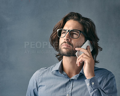 Buy stock photo Decision, phone call and thinking with business man in studio on gray background for communication. Future, networking and vision with professional employee in shirt for choice or problem solving