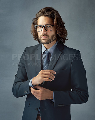 Buy stock photo Fashion, portrait and serious with business man in studio on gray wall background for professional career. Corporate, jacket and confident with smart employee in outfit for elegance, power or work