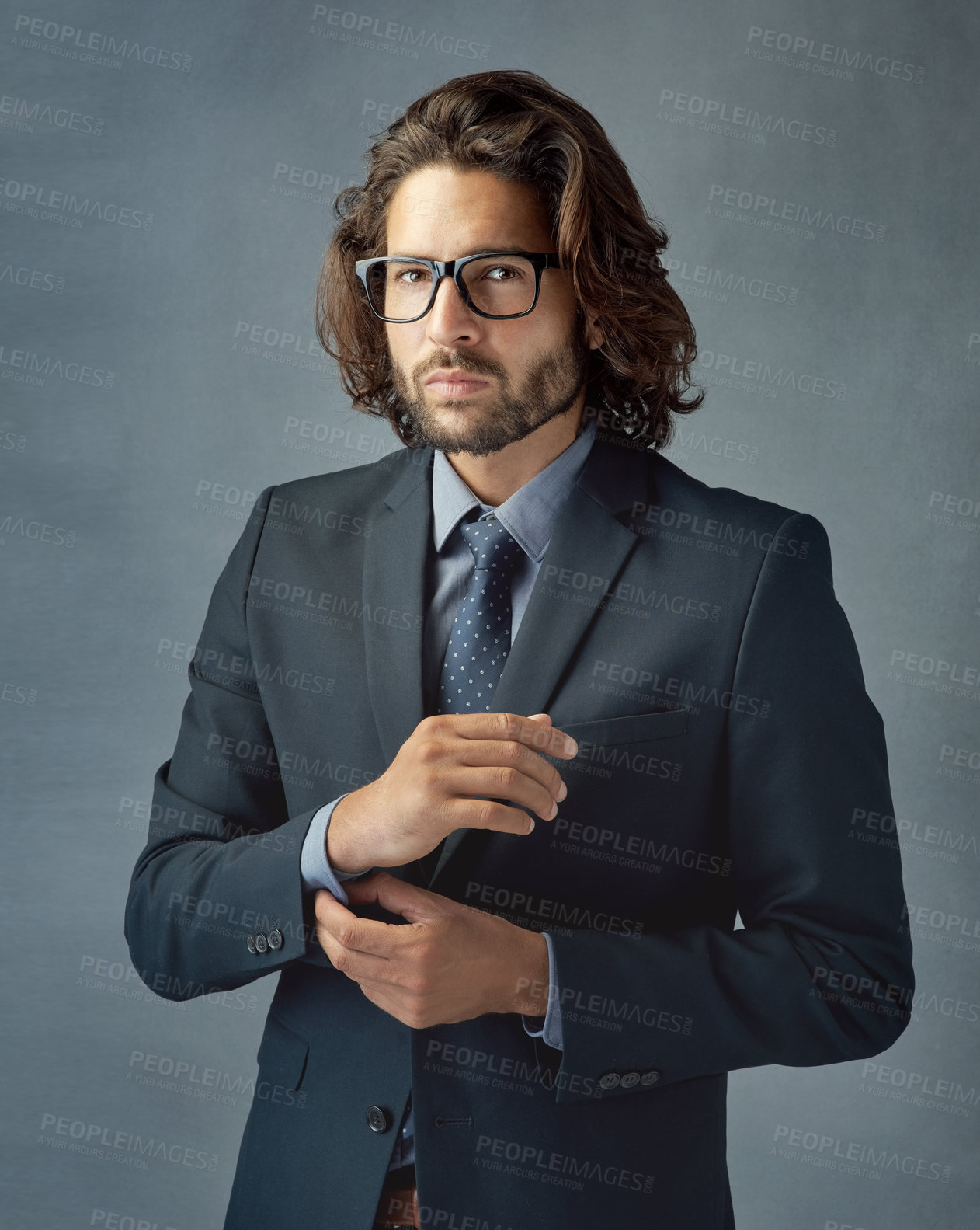 Buy stock photo Fashion, portrait and serious with business man in studio on gray wall background for professional career. Corporate, jacket and confident with smart employee in outfit for elegance, power or work