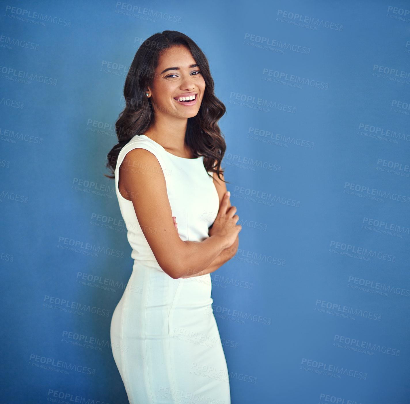 Buy stock photo Mockup, smile and portrait of business woman in studio for professional, entrepreneur and mission. Pride, space and empowerment with employee on wall background for creative, arms crossed and career