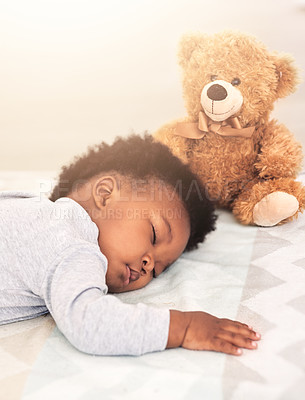 Buy stock photo Sleeping, teddy bear and relax with baby in bedroom for carefree, development and innocence. Dreaming, cute and comfortable with african infant and toy at home for morning, resting and bedtime