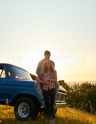 Buy stock photo Kiss, truck or happy couple in nature on romantic holiday vacation for bonding on road trip date on mockup. Car travel, space or people hugging to embrace on summer weekend break with romance in park