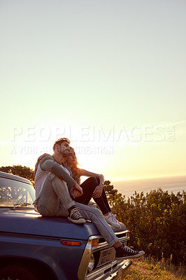 Buy stock photo Travel, couple and relax together on car for road trip break, holiday adventure or romance with sunset. Fun journey, people and view of nature with mockup space, bonding or exploring with connection