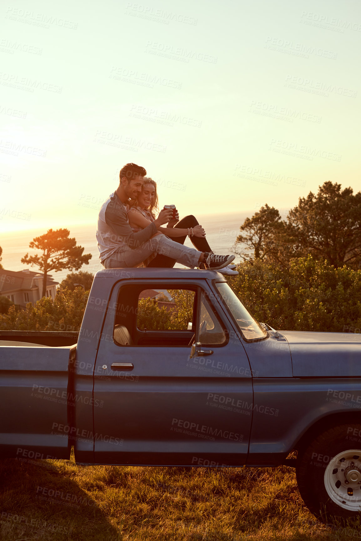 Buy stock photo Holiday, couple and cheers with drink on road trip for vacation adventure, anniversary celebration or nature view. Fun journey, happy people or relax on truck for sightseeing, explore or mockup space