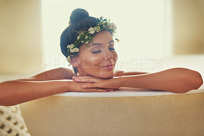 Buy stock photo Shot of a beautiful nude woman  relaxing in a bathtub at home
