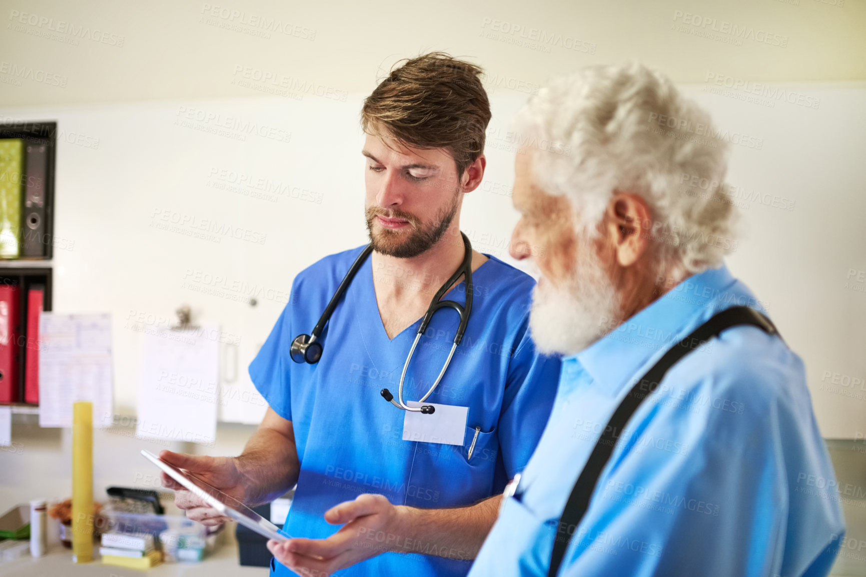 Buy stock photo Elderly, man and nurse with tablet in consultation for medical diagnosis, healthcare or test results. Senior patient, doctor or digital report for recovery treatment, planning or assessment in clinic