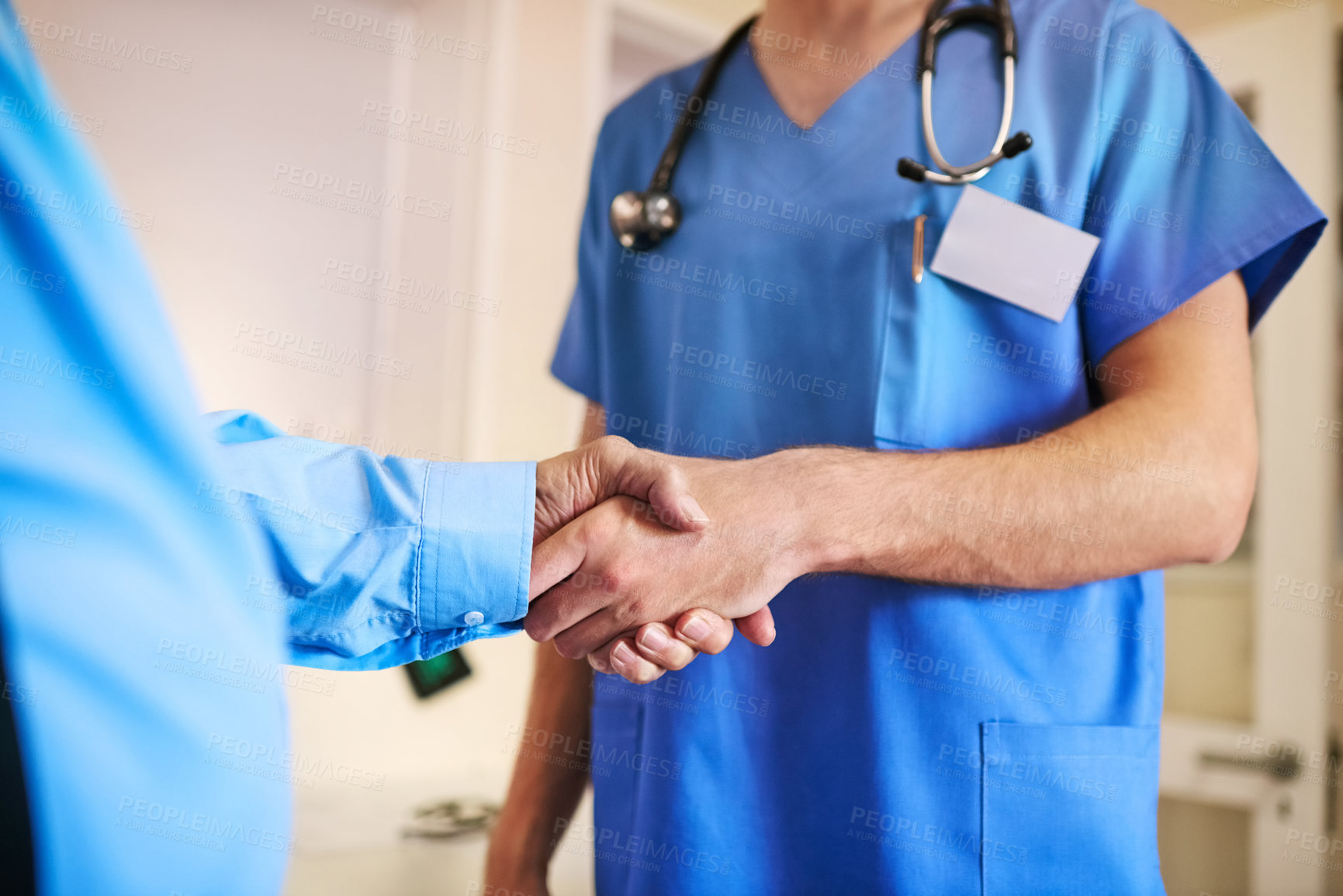 Buy stock photo Hospital, nurse and man with handshake in consultation for healthcare advice, support and agreement. Worker, professional and people with gesture in clinic for diagnosis, appointment and medical deal