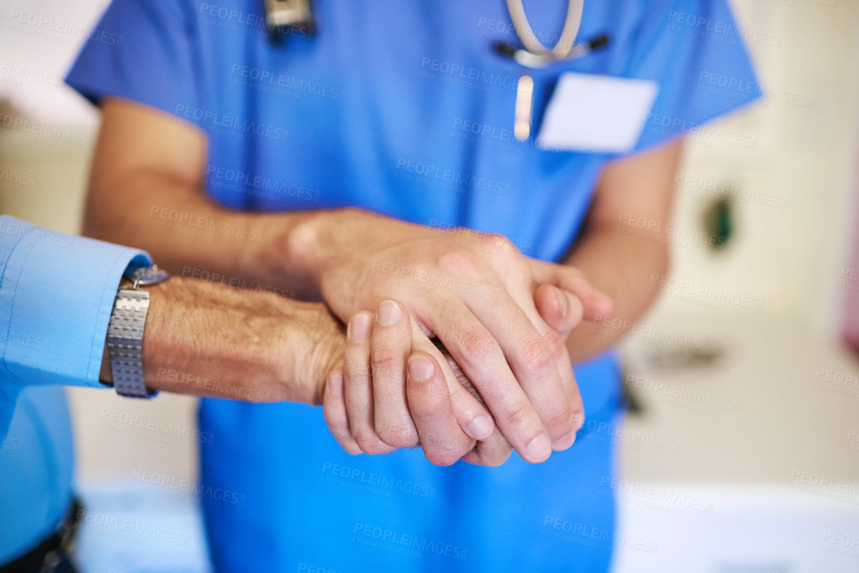 Buy stock photo Care, service and a doctor holding hands with a man for healthcare, help and consulting. Caregiver, cancer and closeup of a nurse with a helping hand for a senior person for medical trust and nursing