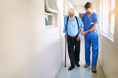 Buy stock photo Nurse, help and senior patient walking, moving or healthcare  support in nursing home, retirement and hospital. Elderly, man and medical caregiver or physical therapy, doctor and health care