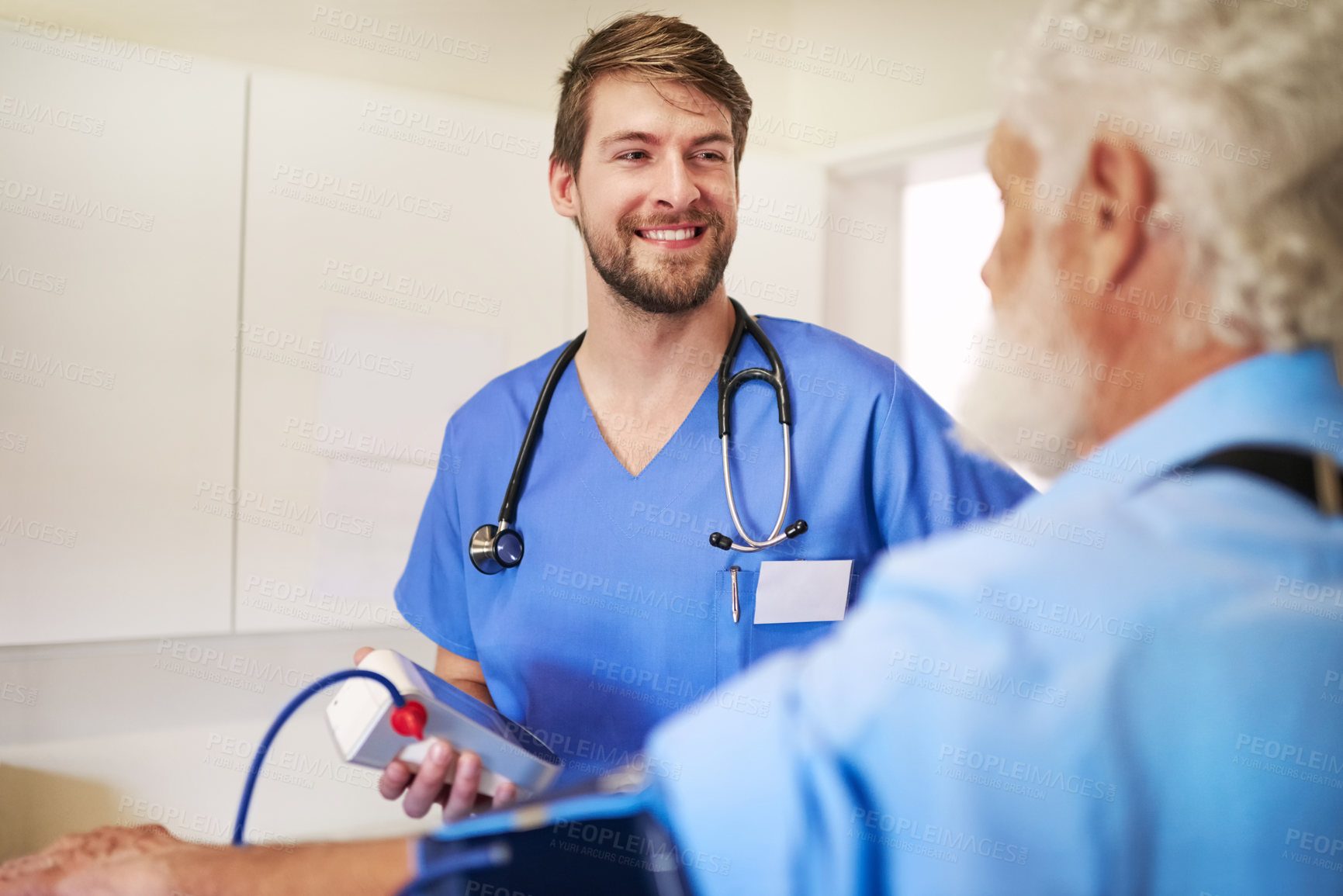 Buy stock photo Blood pressure, machine and patient with nurse for checkup, wellness and assessment of heart rate in clinic. Medical exam, senior person and cardiologist to monitor pulse, hypertension and healthcare