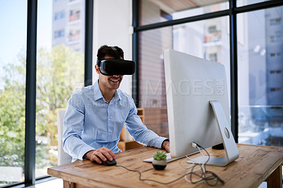 Buy stock photo Man, computer and glasses for virtual reality in office with smile for coding, 3d ux and metaverse programming. Person, futuristic and AR goggles with pc for design, happy and digital transformation