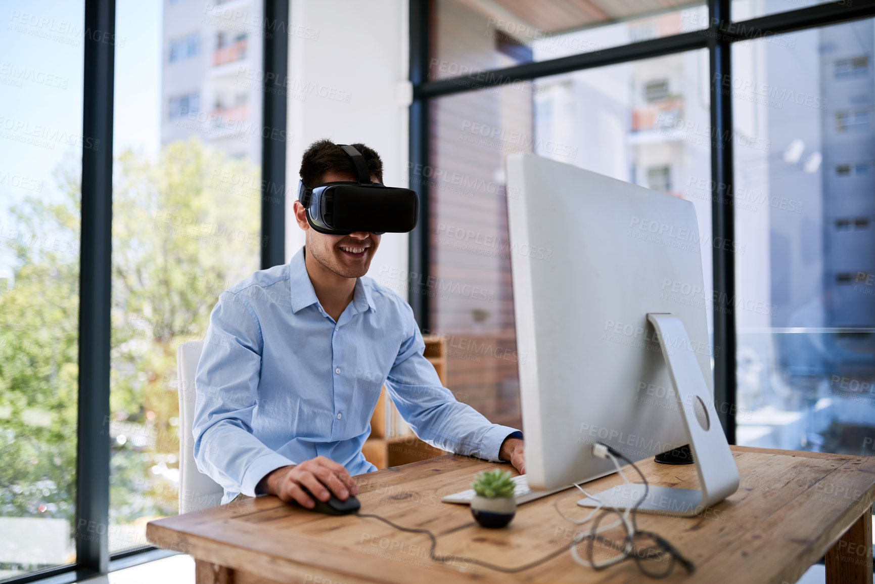 Buy stock photo Man, computer and glasses for virtual reality in office with smile for coding, 3d ux and metaverse programming. Person, futuristic and AR goggles with pc for design, happy and digital transformation