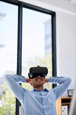 Buy stock photo VR glasses, businessman and relax in office for augmented reality, metaverse and user interface. 3D headset, employee and happy person with digital innovation for simulation and virtual experience