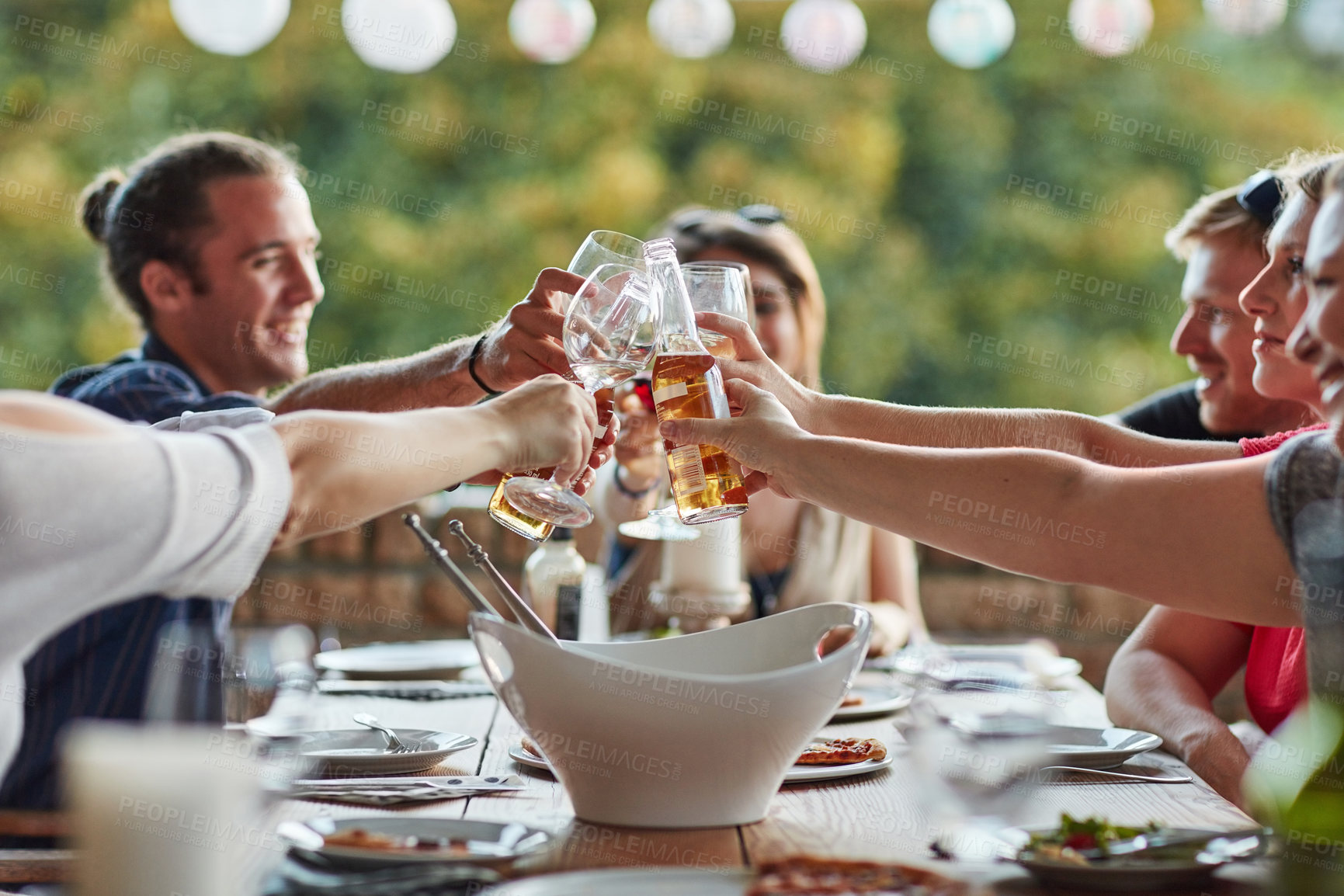 Buy stock photo Friends, backyard and party cheers with wine, celebration and young people together with pizza. Holiday, home and outdoor gathering with alcohol, friendship and food at social event with smile