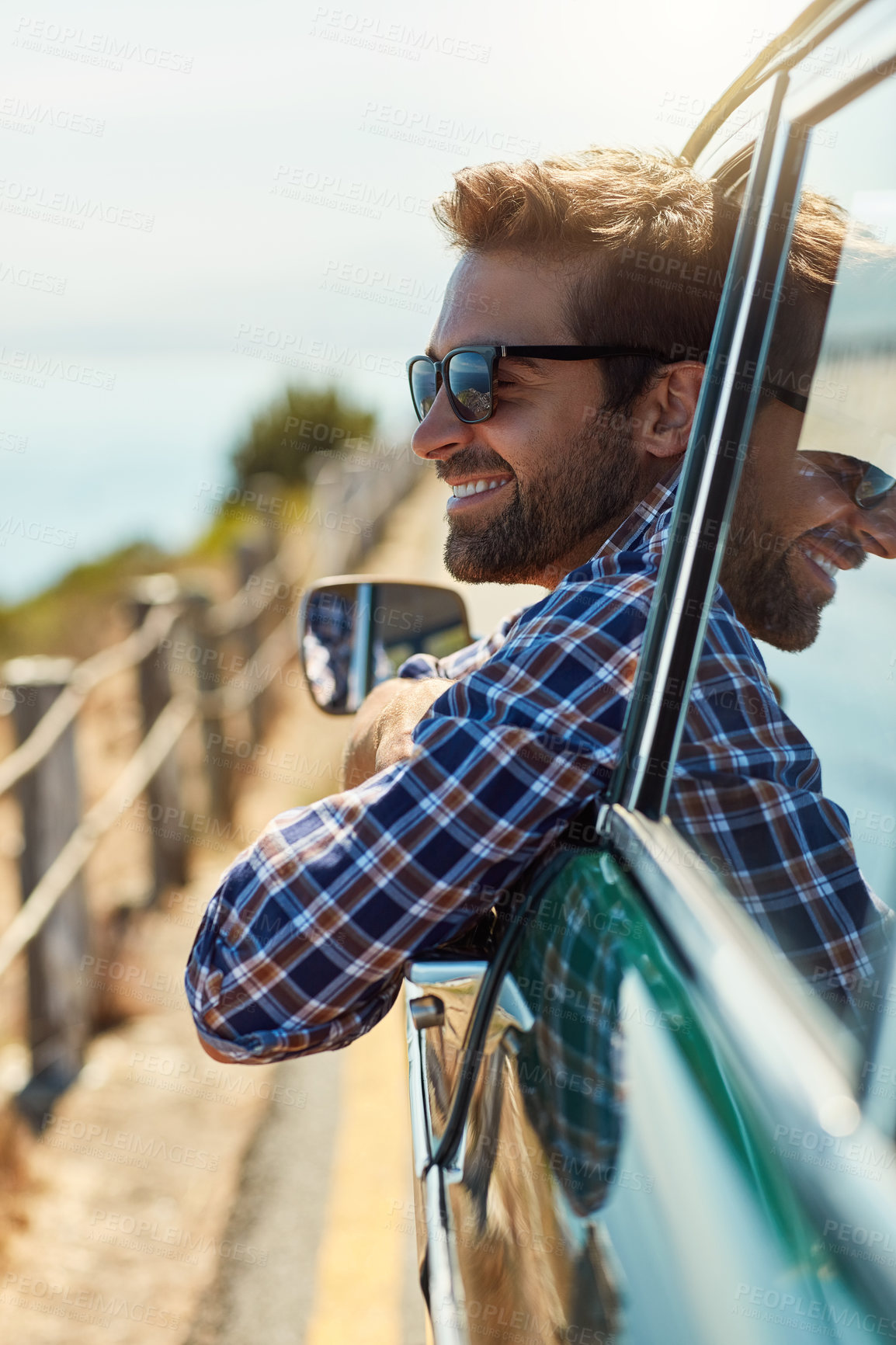Buy stock photo Road trip, travel and man with smile in car driving for adventure, summer vacation and holiday. Transportation, window and happy male person in motor vehicle for freedom, journey and relax by ocean
