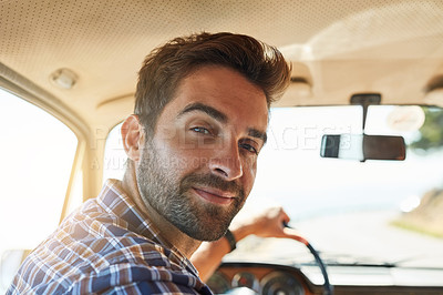 Buy stock photo Rearview portrait of a handsome man enjoying a summer roadtrip