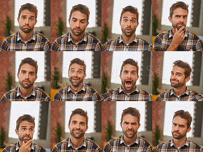 Buy stock photo Composite portrait of a young man displaying various facial expressions