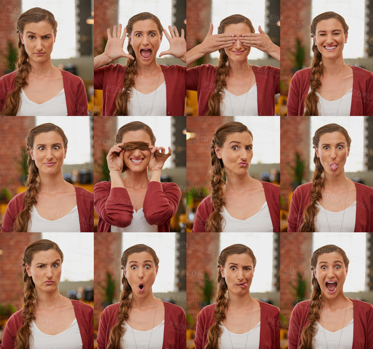 Buy stock photo Composite portrait of a young woman displaying various facial expressions