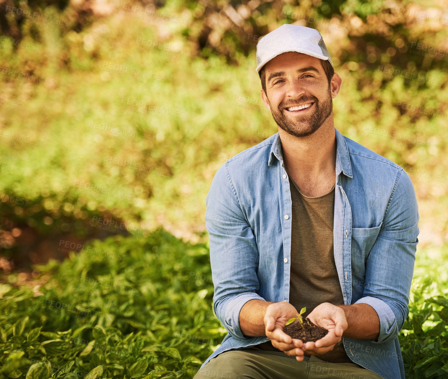 Buy stock photo Plant, hands and man in portrait with eco friendly growth, sustainability and green agriculture or small business. Sapling soil, person palm and sustainable gardening, farming or earth day project