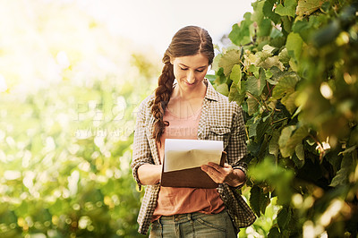 Buy stock photo Shot of a happy young farmer examining the crops on her farm