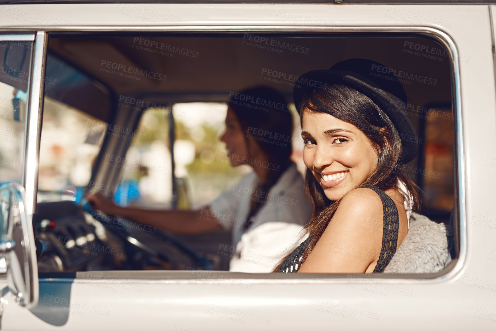 Buy stock photo Woman, van and road trip or window portrait, friends and fun adventure for summer vacation together in transport. Travel, happy and smile for journey on weekend break, driving and relax in vehicle