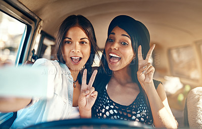 Buy stock photo Woman, holiday and peace sign selfie for travel, smartphone and social media for silly post on vacation road trip in summer. Picture, happy memory and smile on weekend adventure, journey and capture