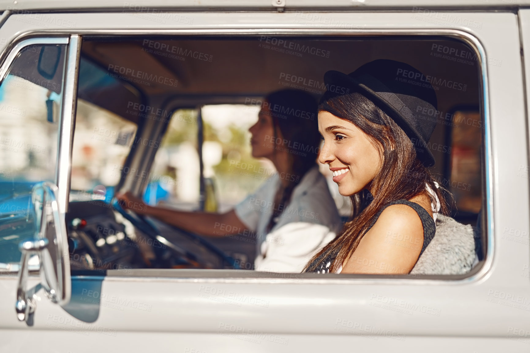 Buy stock photo Woman, van and road trip or window for holiday, friends and fun adventure for summer vacation together in transport. Travel, happy and smile for journey on weekend break, driving and relax in vehicle