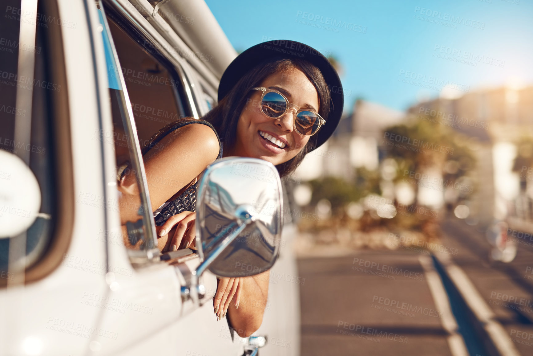 Buy stock photo Woman, van and road trip or outside window, happiness and fun adventure for summer vacation with transport. Travel, holiday and female person smiling for journey, weekend break and sunglasses