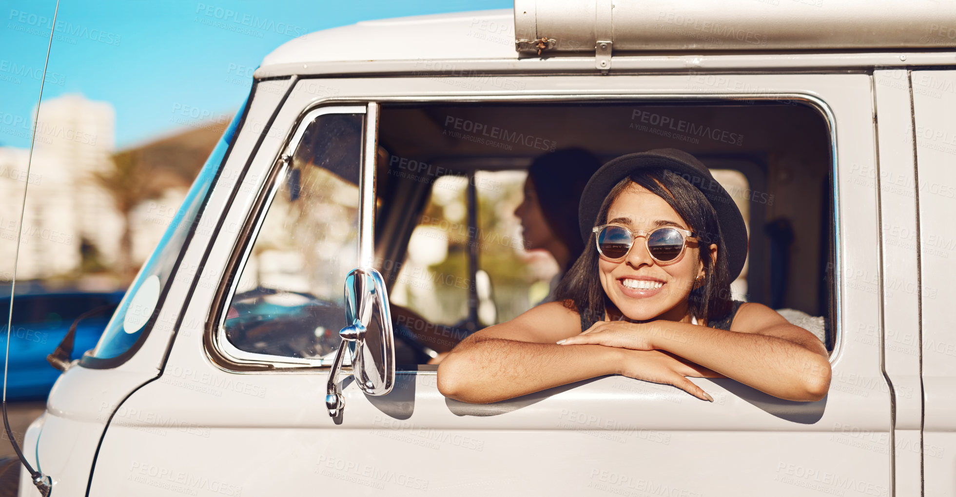 Buy stock photo Women, van and road trip or happiness window, friends and fun adventure for summer vacation together in transport. Travel, holiday and smile for journey on weekend break, driving and relax in vehicle