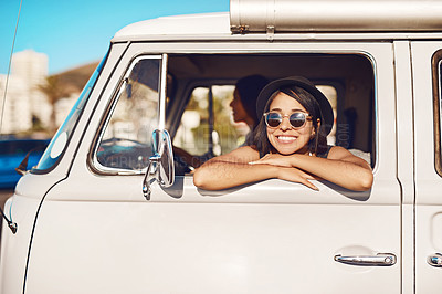 Buy stock photo Woman, van and road trip or happiness window, friends and fun adventure for summer vacation together in transport. Travel, holiday and smile for journey on weekend break, driving and relax in vehicle