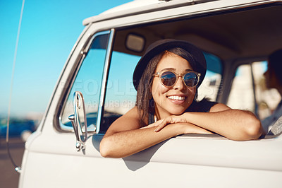 Buy stock photo Woman, van and roadtrip or window rest, friends and fun adventure for summer vacation together in transport. Travel, happy and sunglasses for journey on weekend break, driving and relax in vehicle