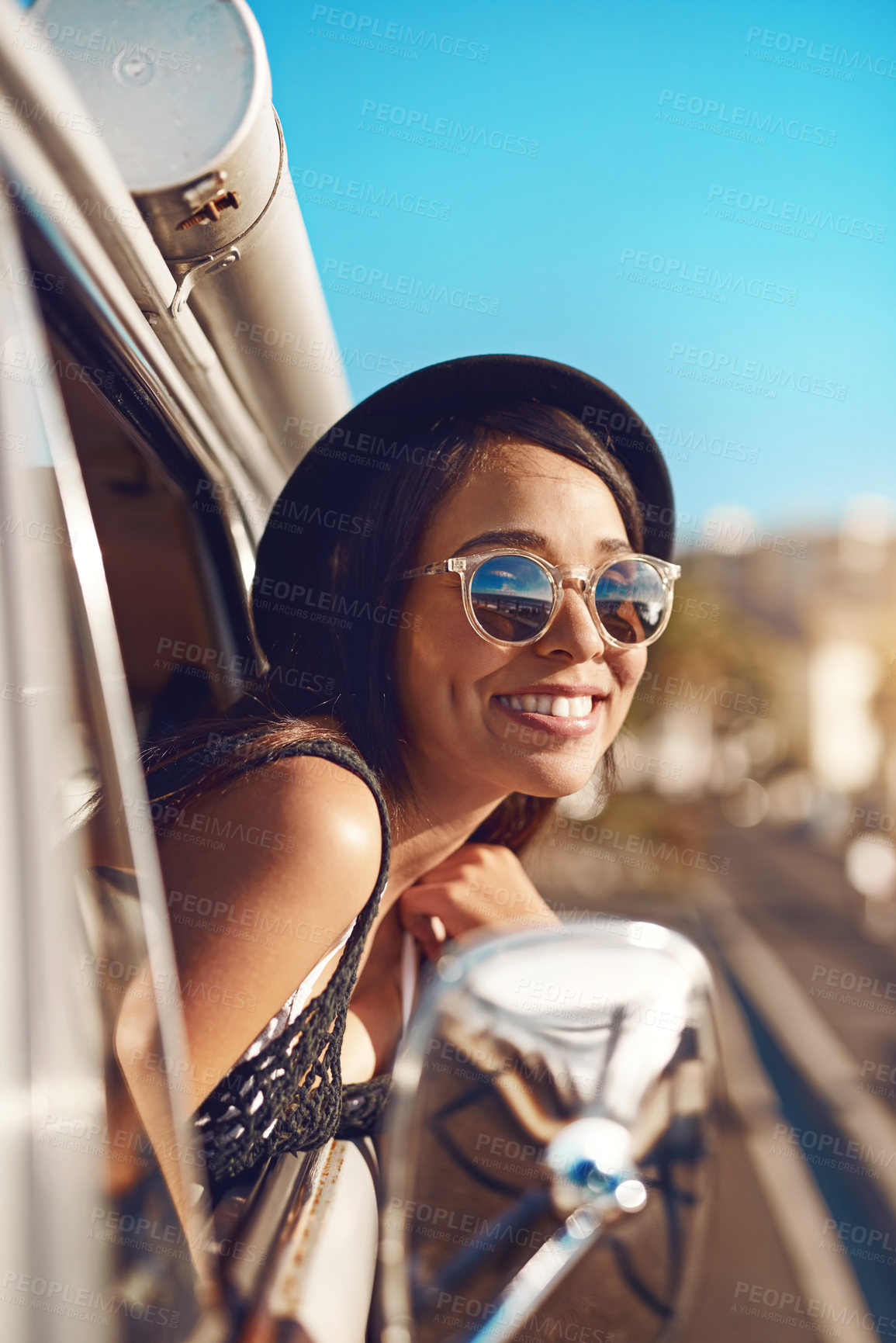 Buy stock photo Woman, van and roadtrip or happy window, happiness and fun adventure for summer vacation with transport. Travelling, holiday and female person smiling for journey, weekend break and sunglasses